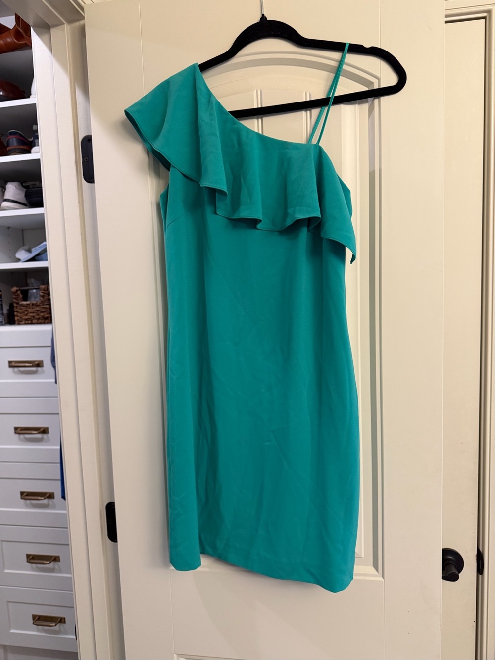 One-Shoulder Ruffle Shift Dress in Teal size 6